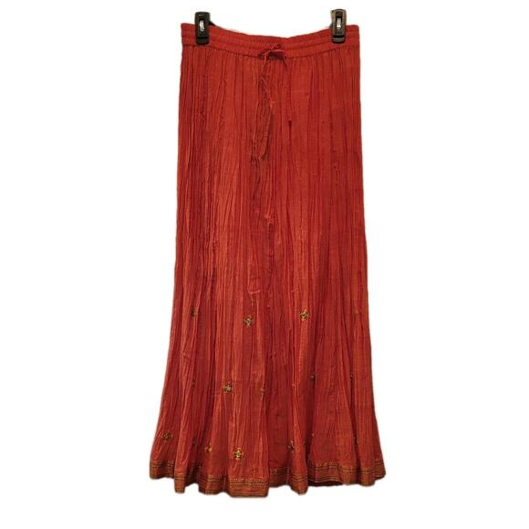 Sandy Starkman Coral Cotton Full Crinkle Maxi Skirt Boho Embellished Size Small - Picture 1 of 13